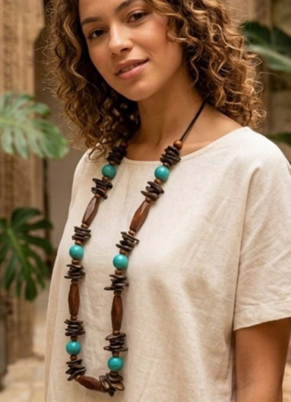 African Inspired Wooden Beaded Boho Necklace with Adjustable Slide